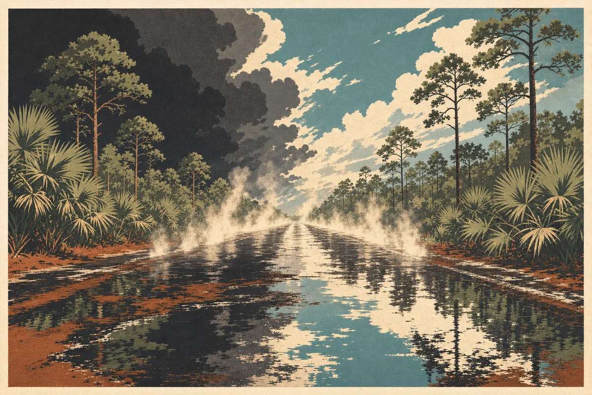 Screenprint postcard of a wet Space Coast road steaming in sudden sunlight after a summer downpour