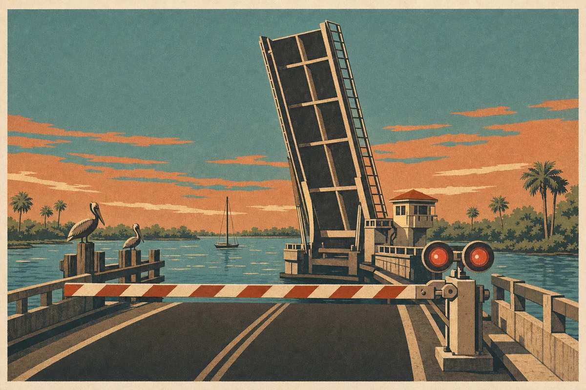 Screenprint postcard of a raised causeway drawbridge at dusk with its striped gate down and red lamps lit over the Indian River Lagoon