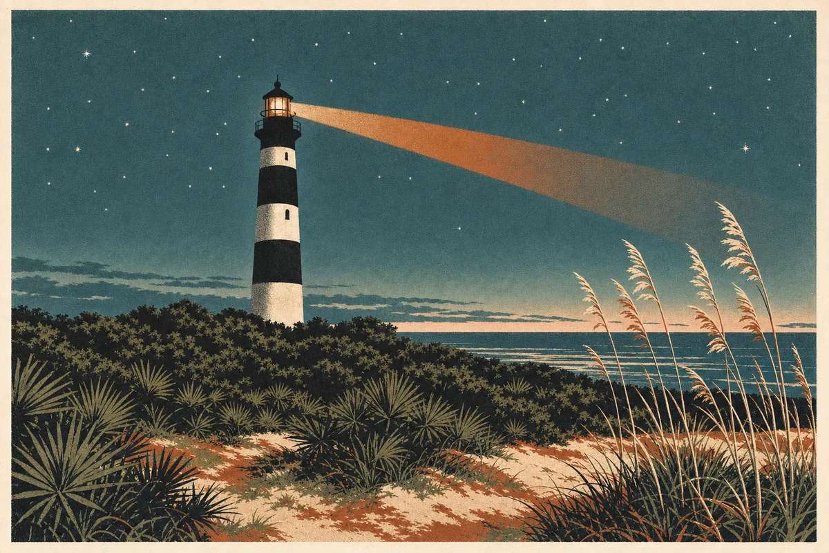 Screenprint postcard of the Cape Canaveral Lighthouse throwing its first beam over the Atlantic before dawn
