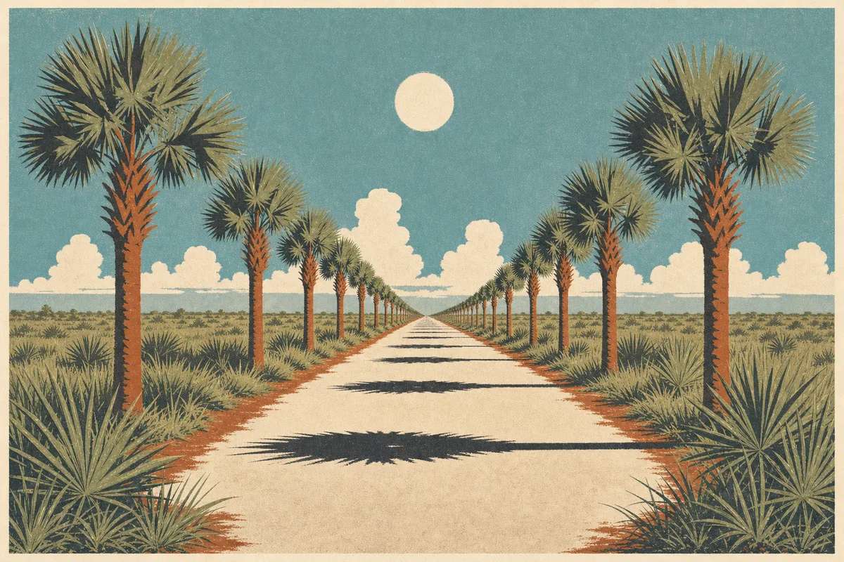 Screenprint postcard of a long straight Space Coast county road with evenly spaced palms receding to the horizon