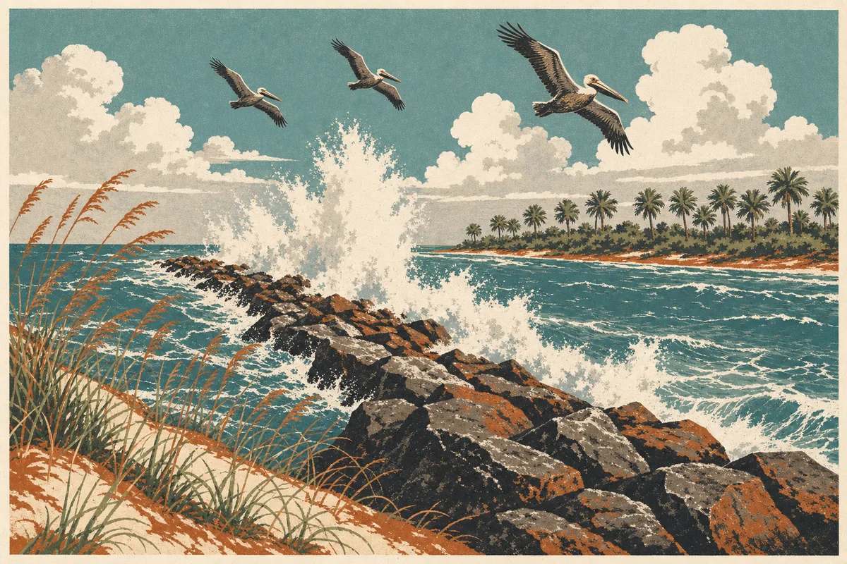 Screenprint postcard of surf breaking hard against the Sebastian Inlet rock jetty on the Space Coast