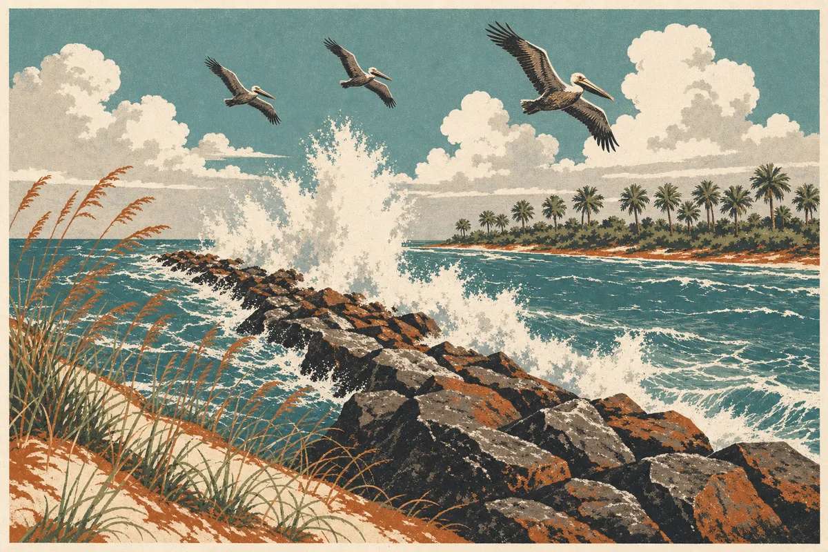 Screenprint postcard of surf breaking hard against the Sebastian Inlet rock jetty on the Space Coast