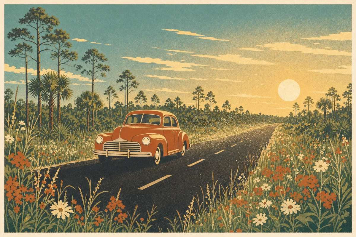 Screenprint postcard of a classic car on a sunny Brevard County back road through a faint haze of lovebugs in late spring