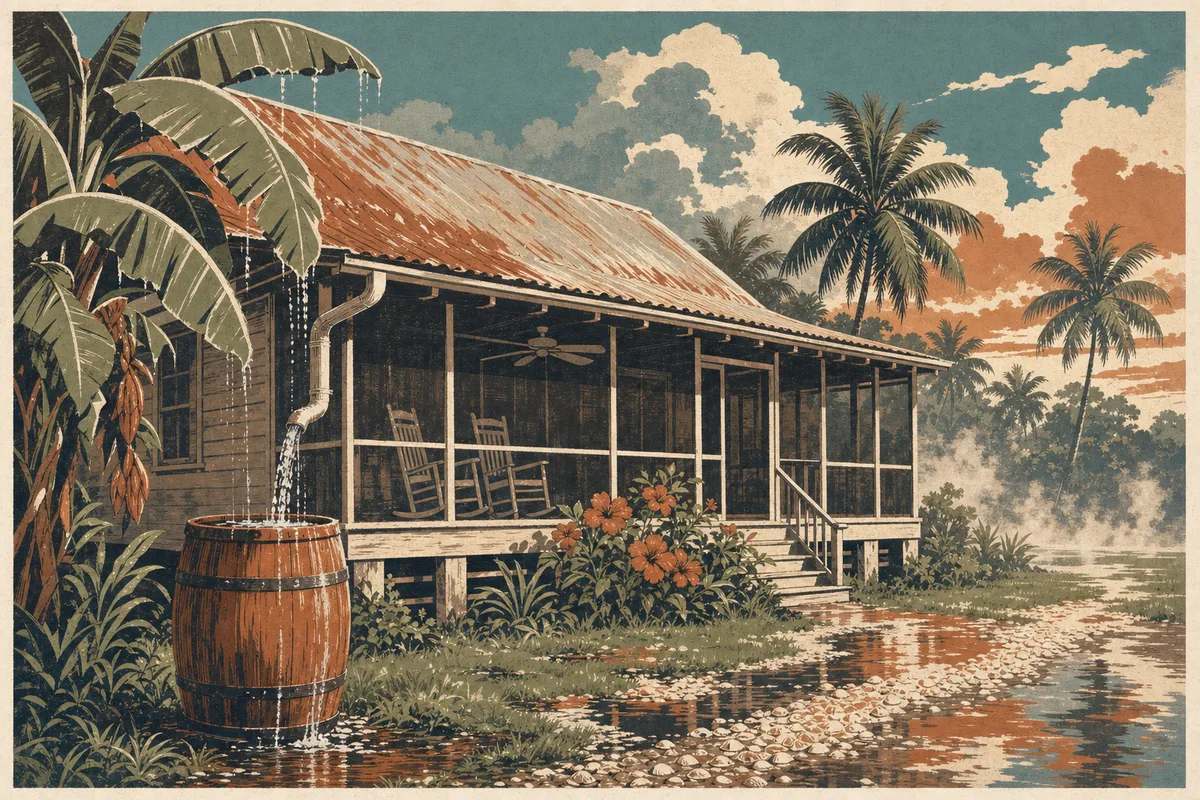 Screenprint postcard of an Old Florida cracker house steaming after a summer downpour, rainwater running into a barrel