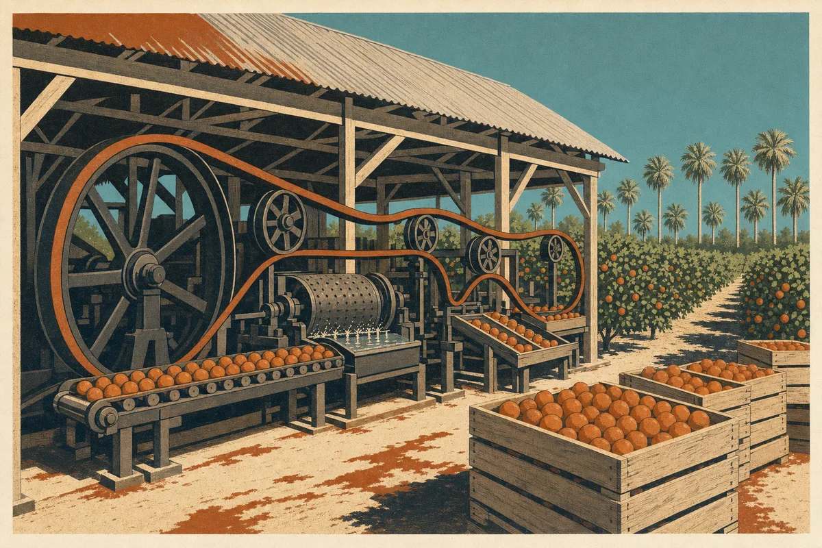 Screenprint postcard of one long drive belt looping around a flywheel and pulleys inside an old Indian River citrus packing shed