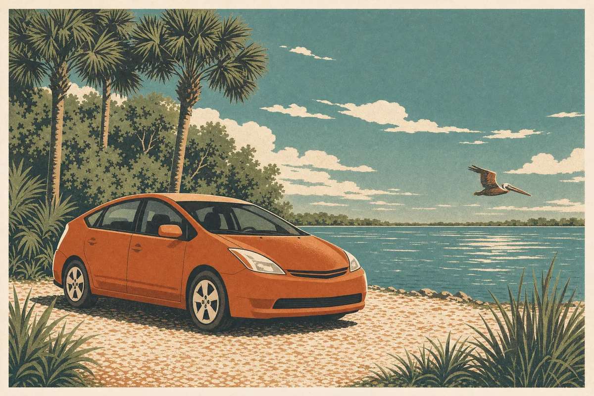Screenprint postcard of a Prius-style hybrid car parked at a lagoon-side park among cabbage palms — Space Coast