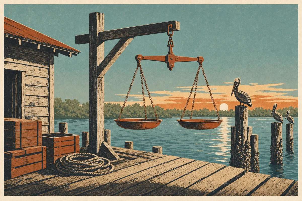 Screenprint postcard of a brass balance scale hanging level on a Space Coast fish-house dock at first light over the Indian River Lagoon
