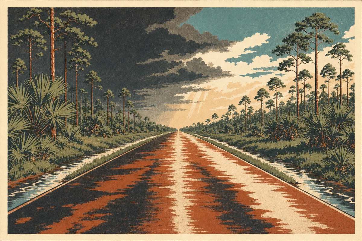 Screenprint postcard of a crowned two-lane Space Coast road shedding rainwater to both shoulders after a storm