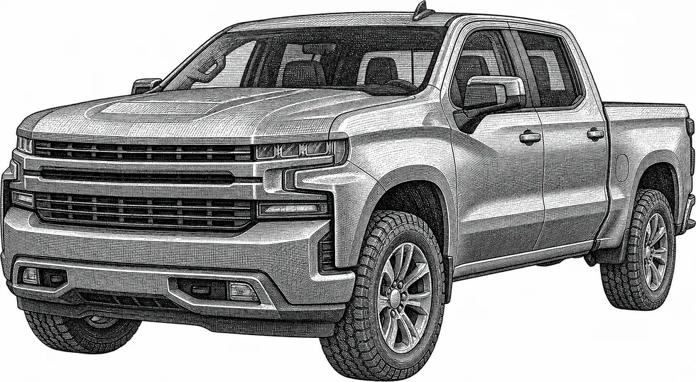 Detailed engraving illustration of a full-size Chevrolet Silverado / GMC Sierra pickup, one of the Chevy and GMC vehicles serviced at Master Team Automotive in West Melbourne