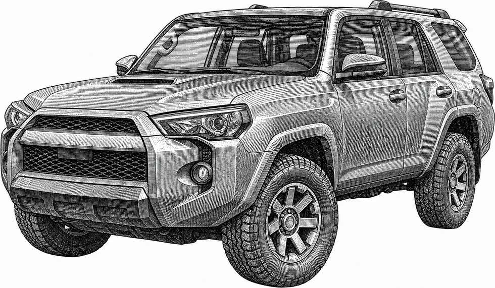 Detailed engraving illustration of a Toyota 4Runner, one of the Toyota models serviced at Master Team Automotive in West Melbourne