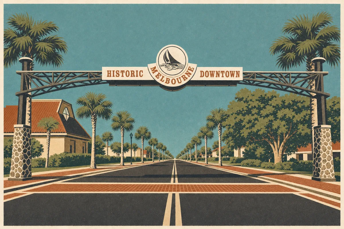 Screenprint illustration of the Historic Downtown Melbourne gateway arch